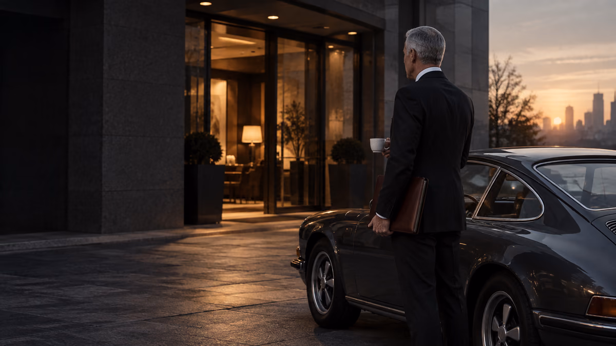 A silver-haired professional with coffee and a portfolio beside a vintage coupe outside an office.