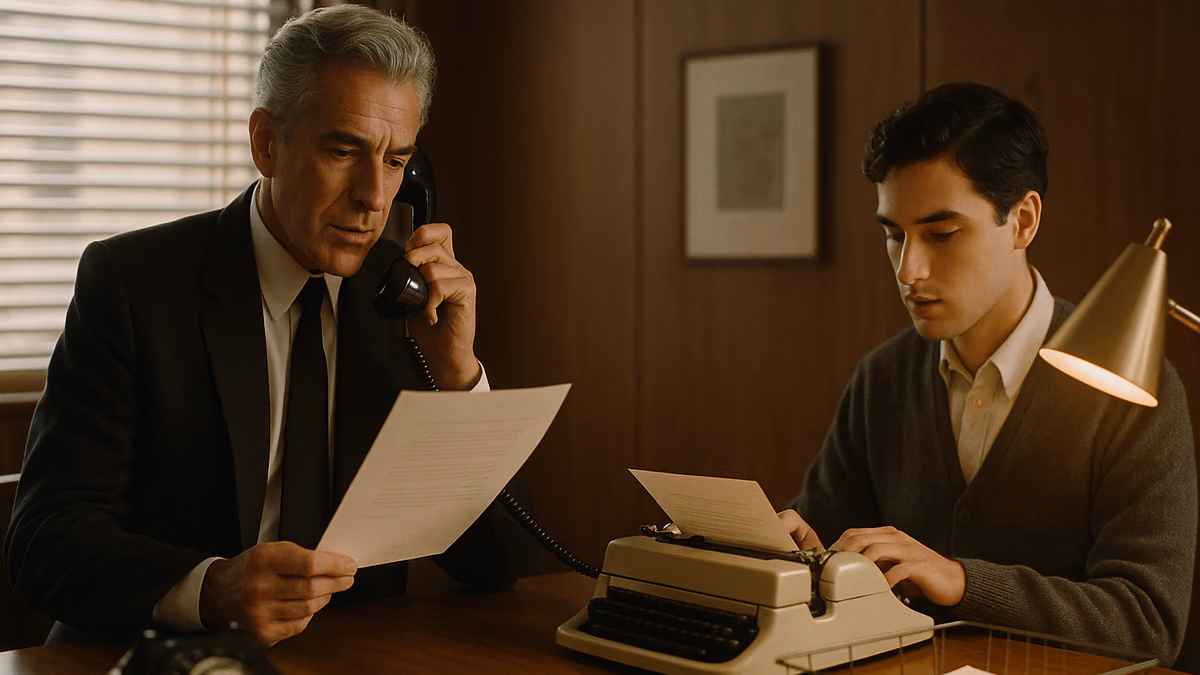 One professional reads a page aloud into a telephone while another types the same page at a typewriter.