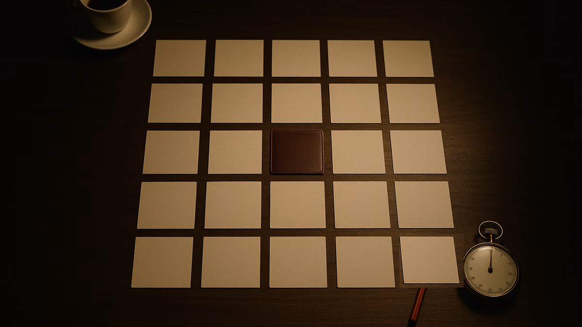 Twenty-five blank cream cards in a five-by-five grid on a walnut desk, one turned face down, with a stopwatch and a red pencil beside them.