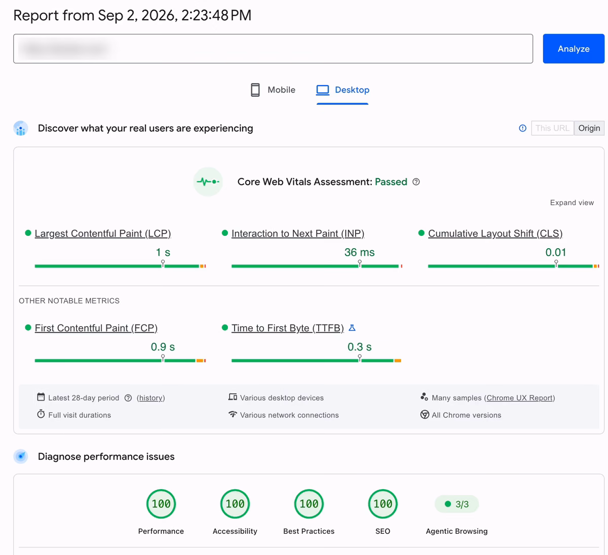 PageSpeed Insights report for the proving environment's site, captured September 2, 2026: Core Web Vitals assessment passed on real-user data for both mobile and desktop, with Lighthouse scores of 100 for performance, accessibility, best practices, and SEO.