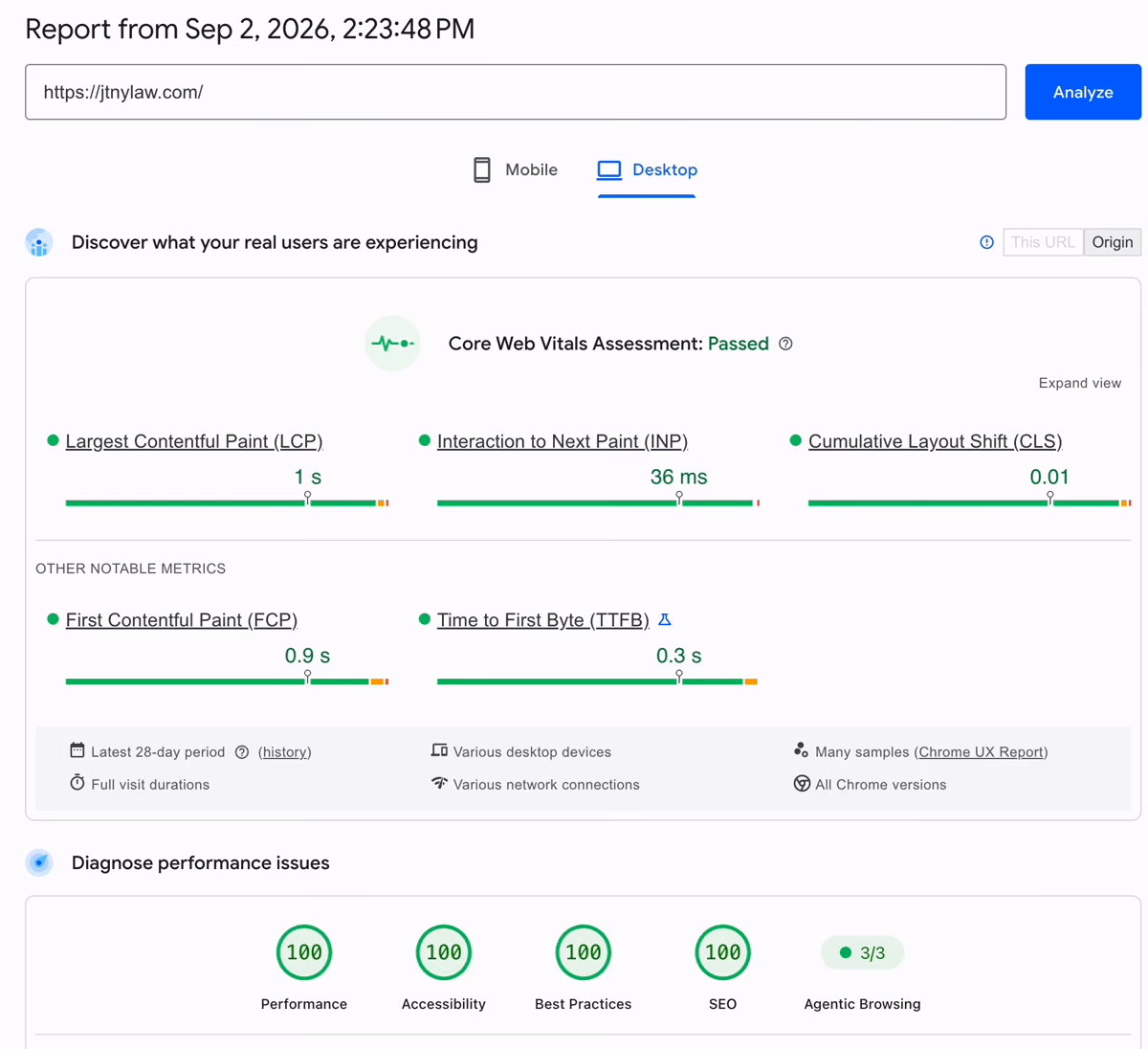 PageSpeed Insights report for jtnylaw.com captured September 2, 2026: Core Web Vitals assessment passed on real-user data for both mobile and desktop, with Lighthouse scores of 100 for performance, accessibility, best practices, and SEO.